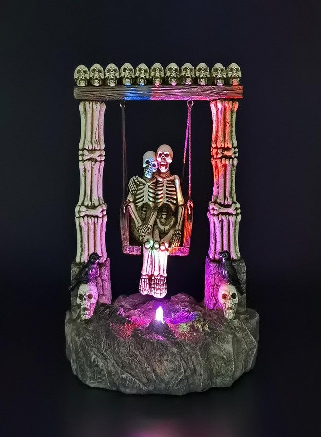 JORAE Swinging Skeleton Statue Couple on Light Up Color Changing LED Roman Pillars Skull Halloween Figurine Day of The Dead Collectible Home Decor, 6.7" H - Image 1
